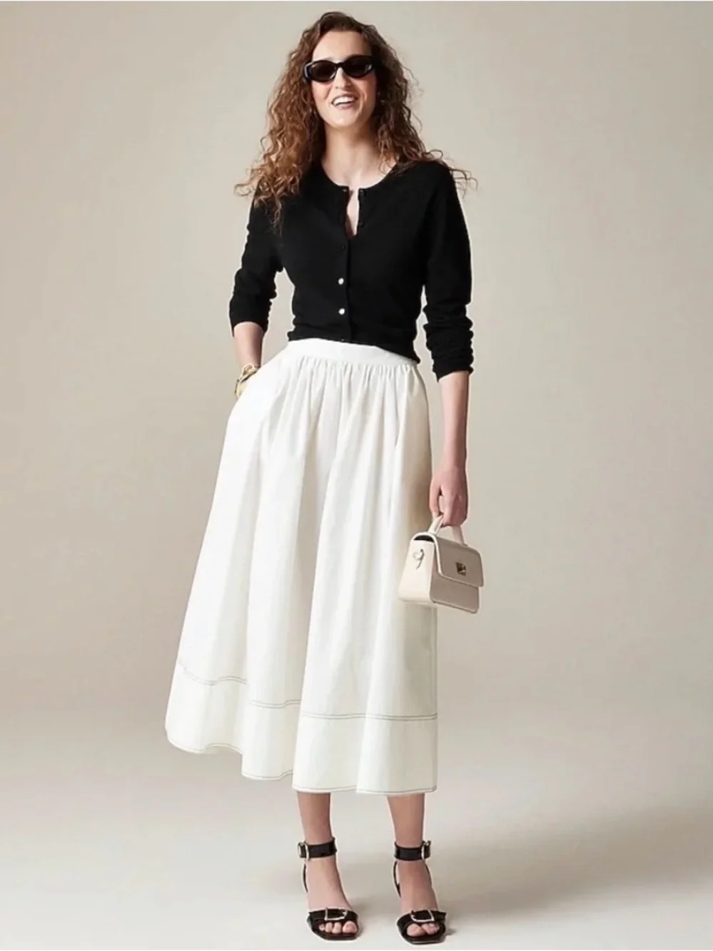 J.Crew Contrast Stitch Midi Skirt in Cotton Poplin
